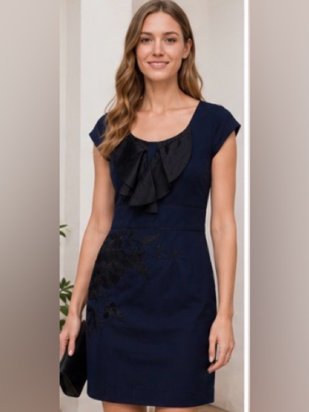 Floreat Anthropologie Navy Embroidered Silk Ruffle Dress Size 2